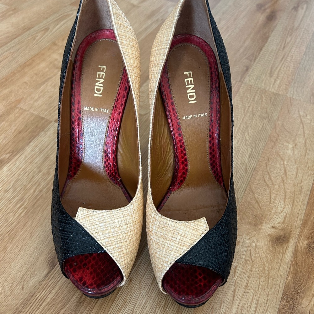 Fendi Black and Tan Peep-Toe Heels